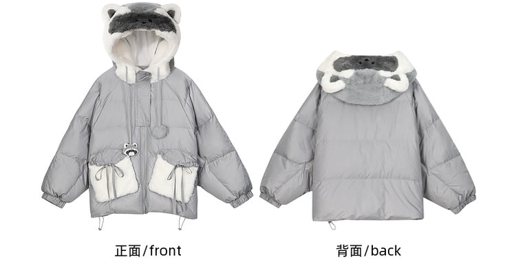 Cute Raccoon Plush Hood Grey Hooded Down Jacket