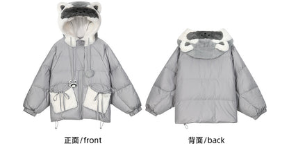 Cute Raccoon Plush Hood Grey Hooded Down Jacket