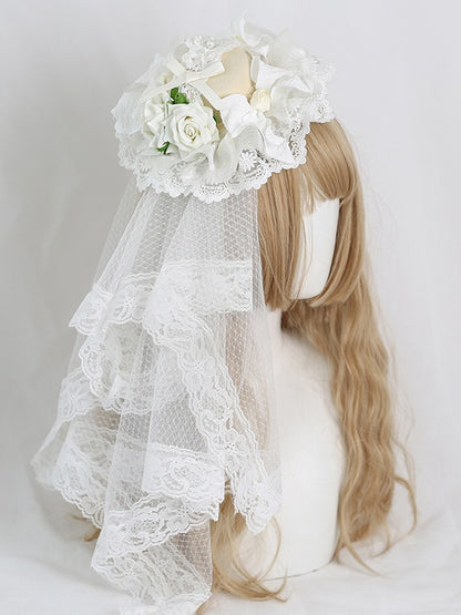 Mini Roses + Beautiful Beige Lolita With Lace-trimmed Hat Bowknot