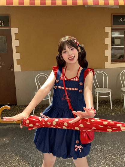 Buttons Faded Wash Denim Bubble Skirt Plaid Blue Elastic Waist