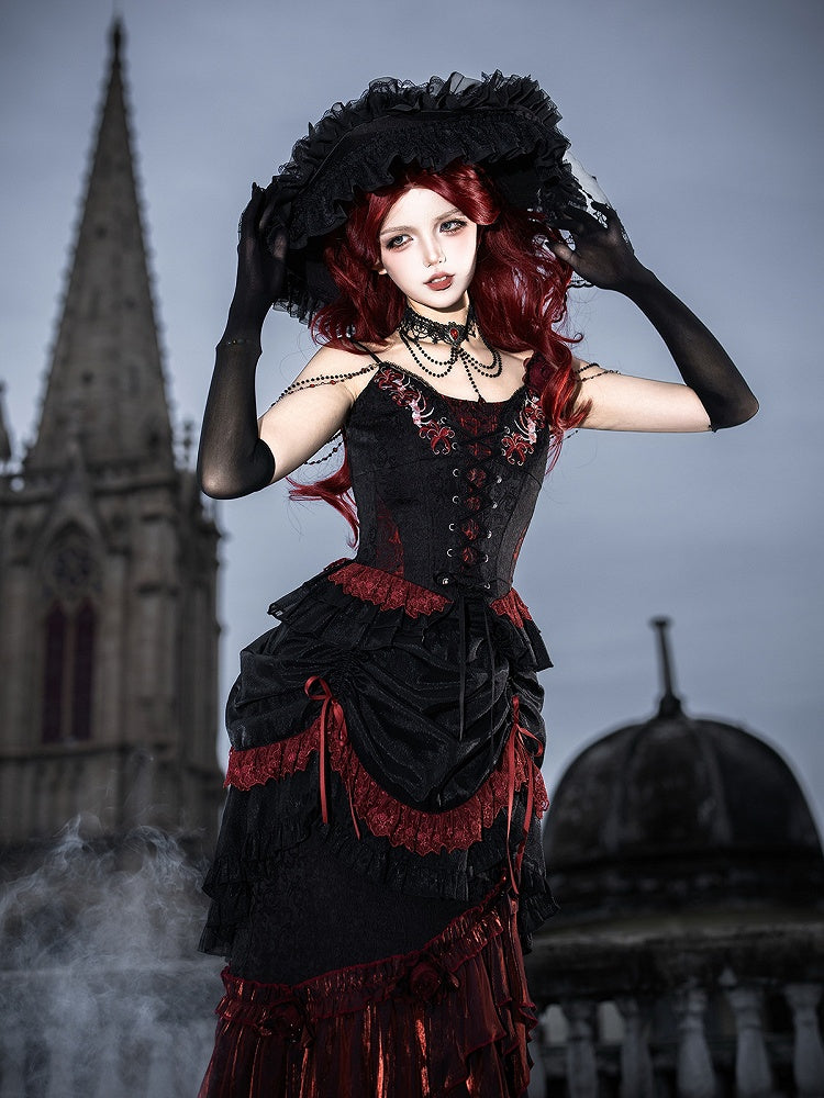 Black Red Gothic Corset Top and Skirt Set with Choker - Xiong Dou Jiang