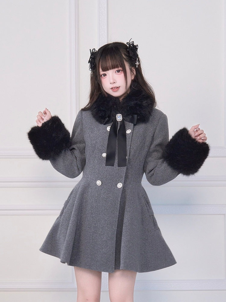 Rhinestone Bow Jirai Coat Double-Breasted Collar Waist-Cinched Kei Gray Cuffs Fuzzy with and