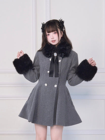 Rhinestone Bow Jirai Coat Double-Breasted Collar Waist-Cinched Kei Gray Cuffs Fuzzy with and