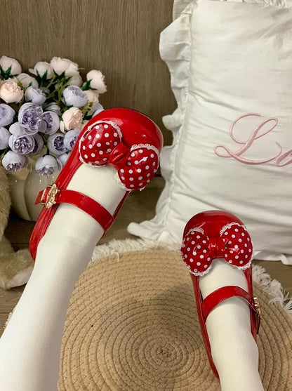 Sweet Lolita Wine Red Low-heel/Mid-heel Mary Janes with Lace Trim and Polka Dot Bow, Snap Design