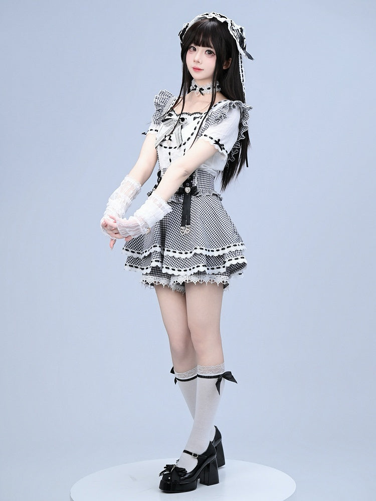 Black White Gingham Jirai Kei Overall Skort with Bow Lace Details - Broken Bear