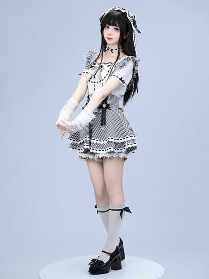Black White Gingham Jirai Kei Overall Skort with Bow Lace Details - Broken Bear