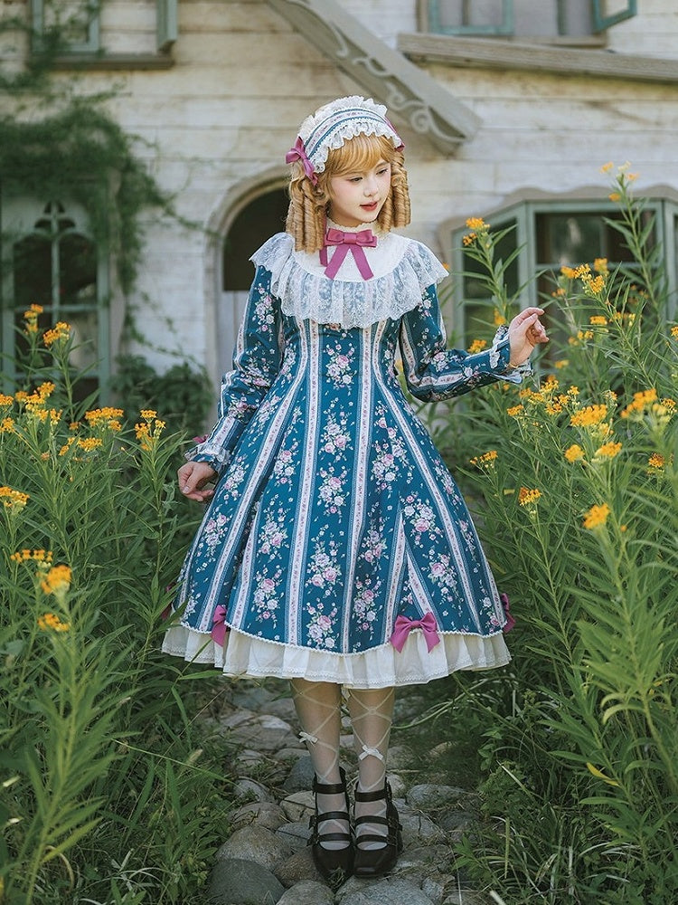 Teal Floral Print Vintage Lolita OP Dress with Lace Detailing & Elegant Design - With PUJI