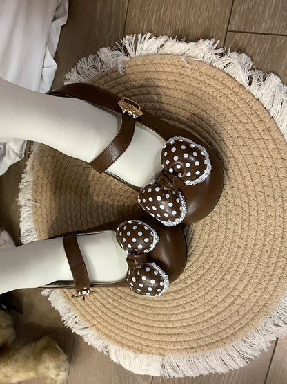 Brown Heel Toe Heels Dark Round Lolita with 2cm/4cm Sweet Low/Mid