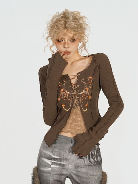 Lace-Up Coffee Vintage Long Sleeve Blouse
