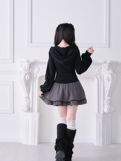 Long Design Sleeve With Black Hooded Jirai And Dress Kei Gray Striped