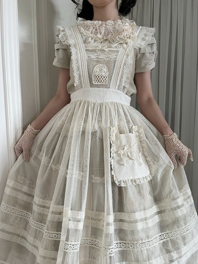 Lace-Trimmed Overdress Embroidered with Pocket Beige Lolita