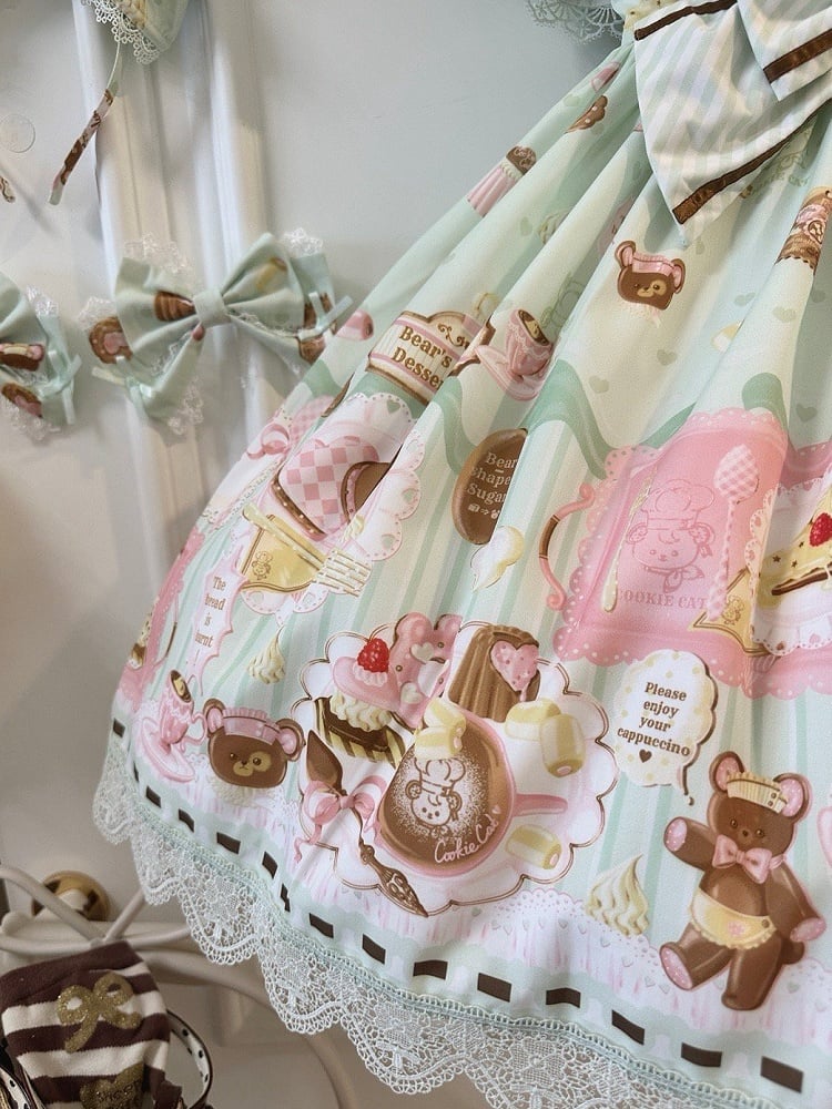 Grüne süße Minze Lolita Thema Desserts zweiteilige Print Kleid gefälschte Design Bär