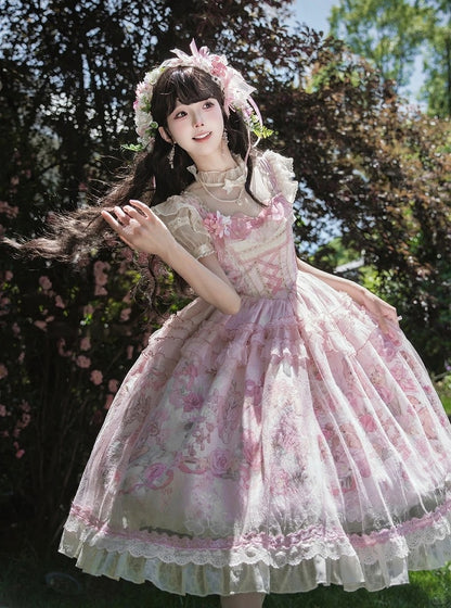 Pink Deer & Floral Print Flutter Sleeves Sweet Lolita JSK Dress with Overlay - Honey Machine