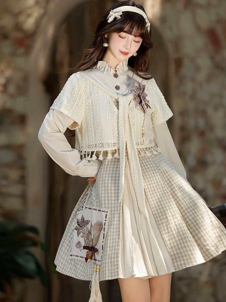 Autumn Squirrel Embroidered Short Sleeve Top and Plaid Skirt Set with Floral Button Tassel - Xiong Dou Jiang