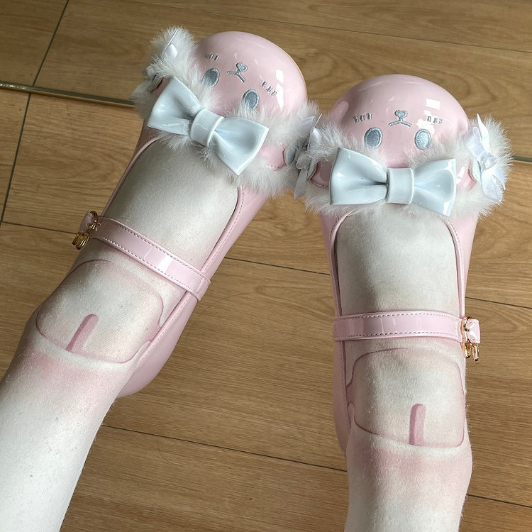 Lolita Schuhe Süße Bowknot PinkBlue Strap Toe Ohr Schnalle Runde Details Plüsch Hase Mit