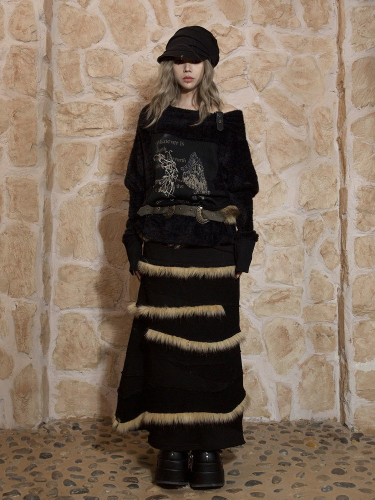 Punk Print Wing Off-Shoulder Strap Knit Top with Sleeves Batwing Black Buckle