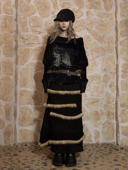 Punk Print Wing Off-Shoulder Strap Knit Top with Sleeves Batwing Black Buckle