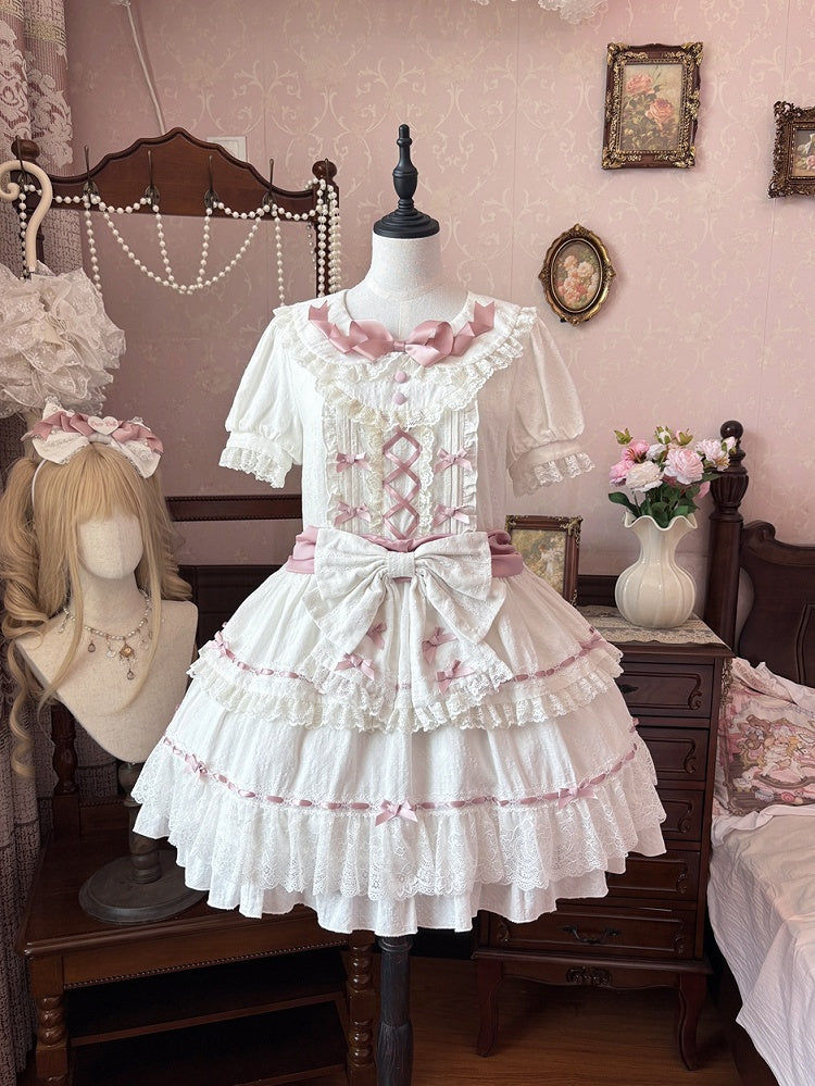 Hime Pink und Peter Pan Kragen Stufenrock Balletcore Lolita Kleid Weiß OP