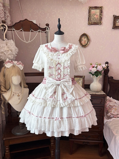 Hime Pink und Peter Pan Kragen Stufenrock Balletcore Lolita Kleid Weiß OP