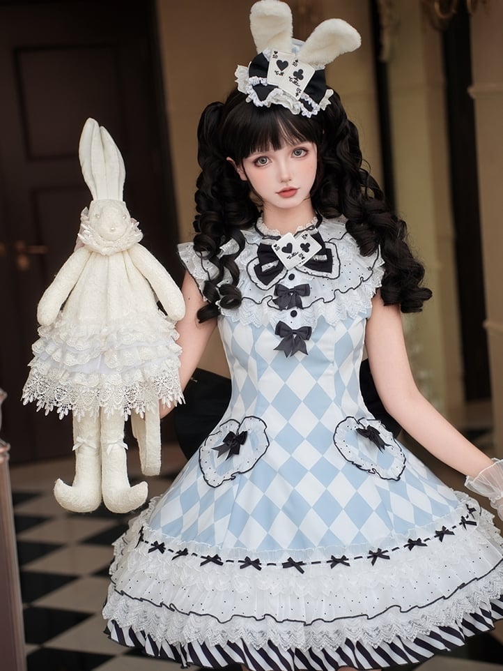 Lolita Dress OP Blue Diamond Pattern Sweet Alice in Wonderland Vibes