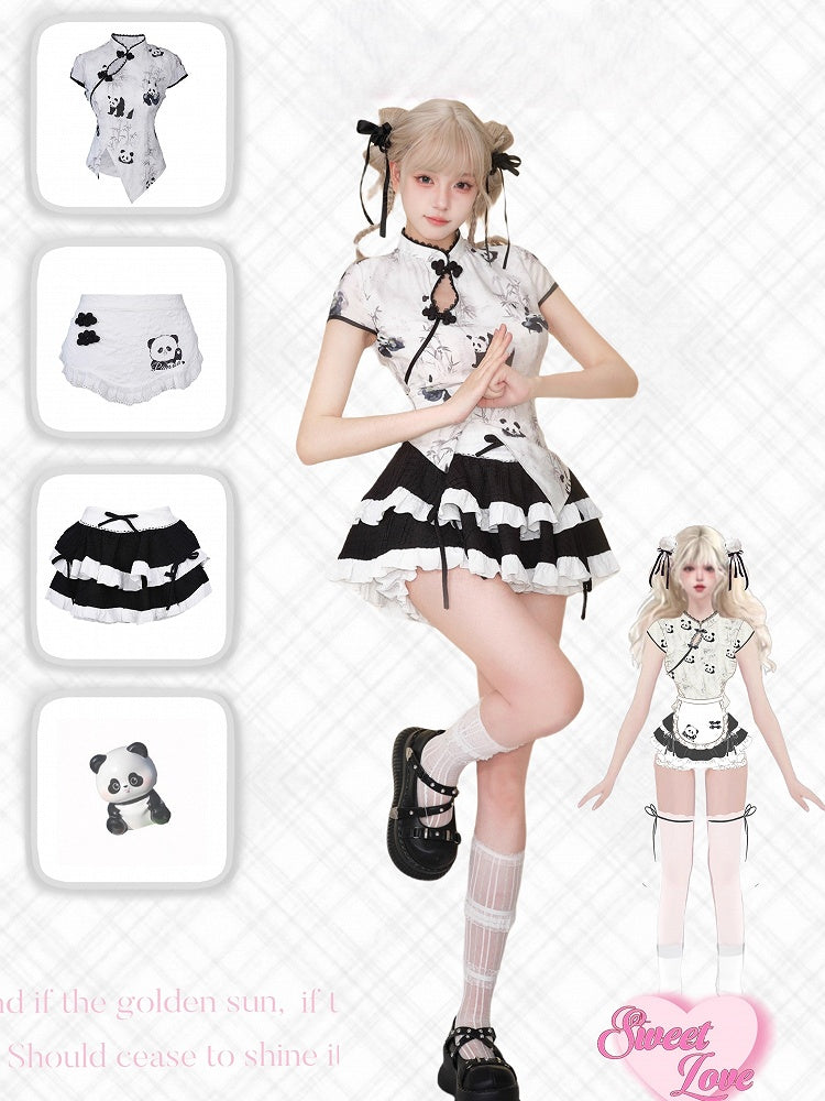 with Top Ink-Style Cheongsam-Inspired Panda Short Sleeve White