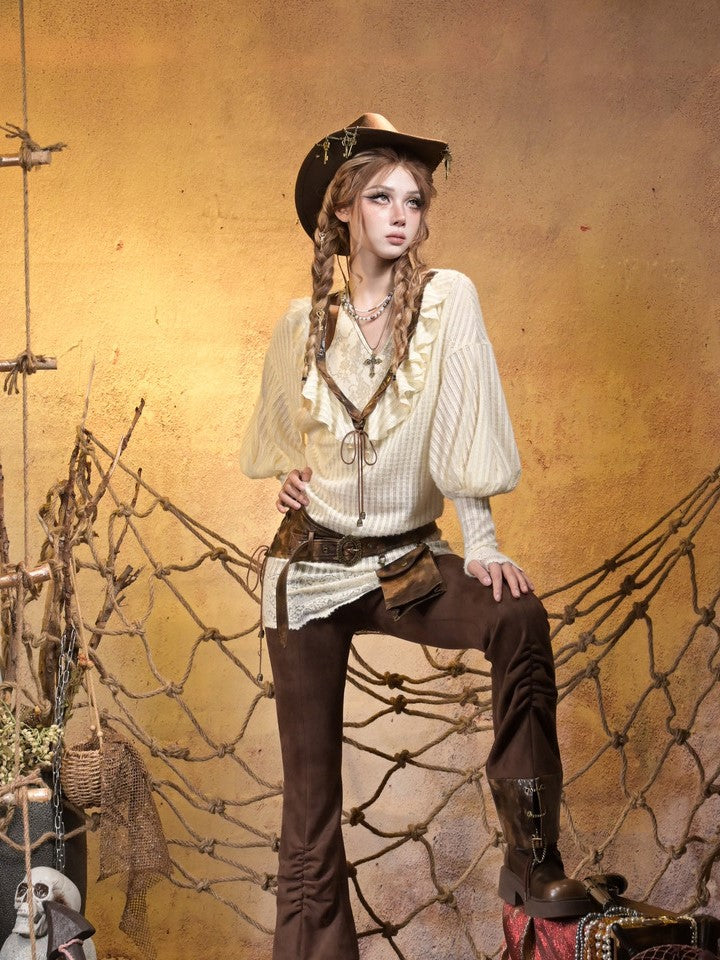 PU with Sleeves Knit V-neck Brown Punk Retro Beige Dress Bishop