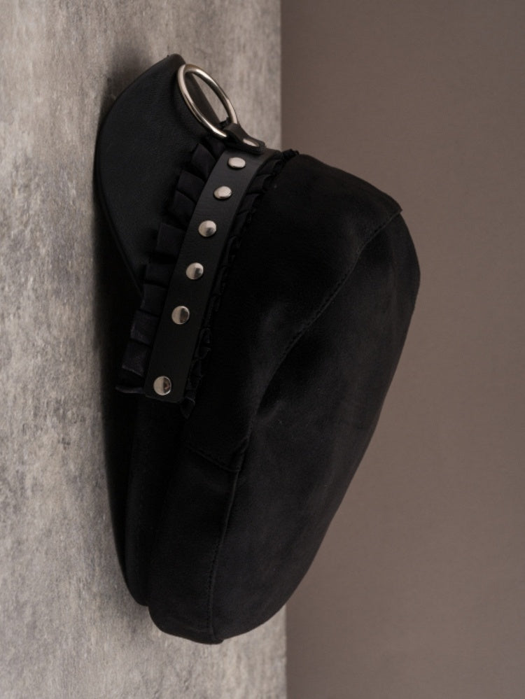 Black Studs Details Beret Gothic Trim Hat Ruffled
