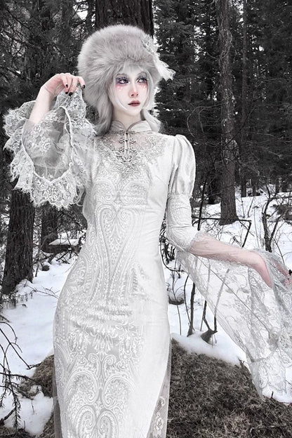 Silver V-Neck Long Sleeves High-Waisted Ruffle Lace Gothic Fishtail Dress
