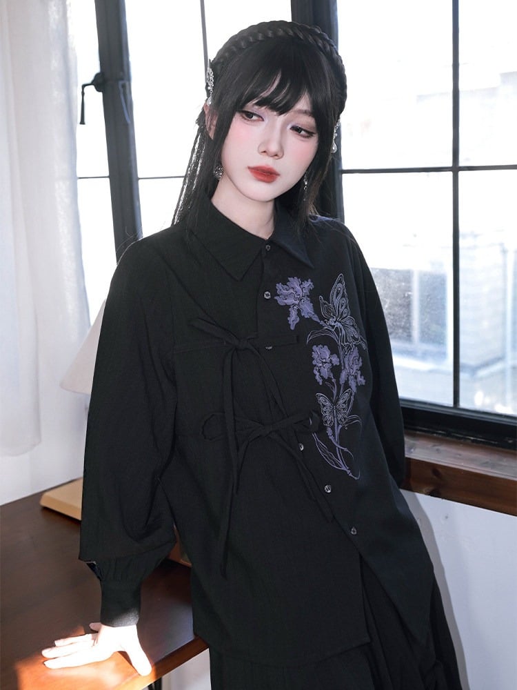 Gothic Long-Sleeve Shirt with Asymmetric Placket & Iris Print in Black Purple - Quirky Hut