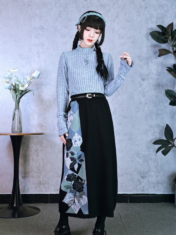 with Cheongsam Jacquard Pattern Skirt Diamond Multicolor Knit Black