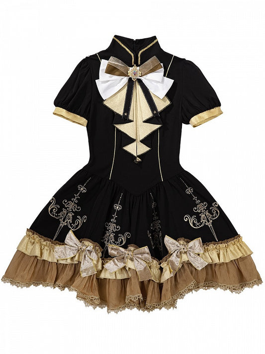 Dress Bow Lolita Lace Gold Black Trim with Details Stand Collar and