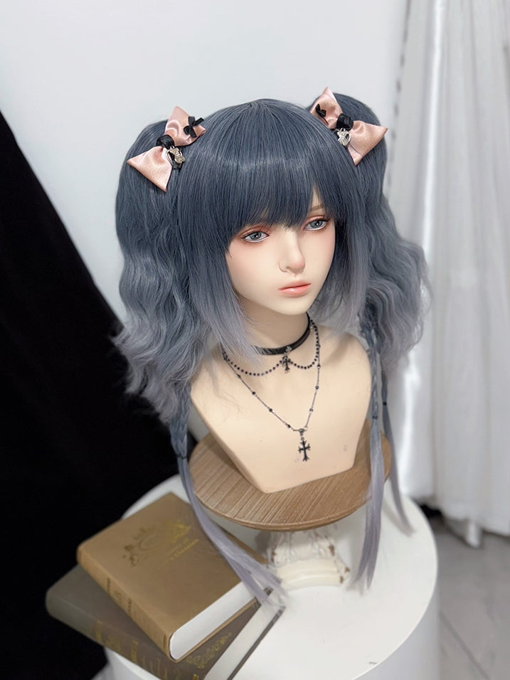 Blaugrau mit Pferdeschwänzen Ombre Haarperücken Klaue Zwei Pony Wellig +