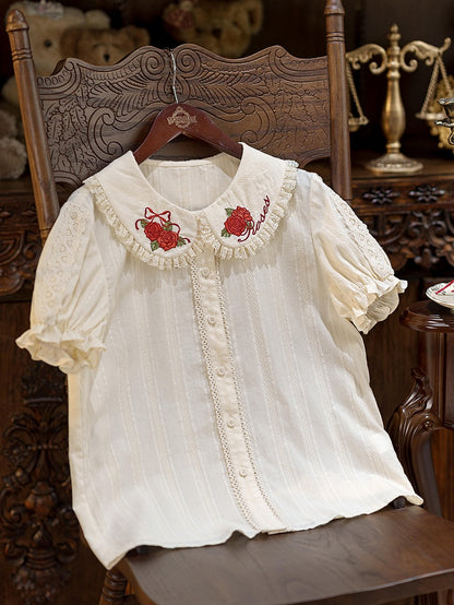 Cream Short Sleeve Lolita Blouse with Red Rosette Embroidery Collar - Dream Magic Box