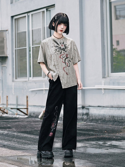 Gray Asymmetrical Short Sleeve T-Shirt with Print & Distress - Quirky Hut