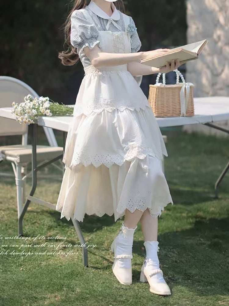 Puff Peter Plaid Blue Dusty Blouse Collar Pan with Sleeves