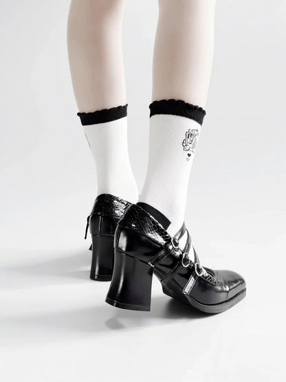 Schlangenhaut Gothic Lolita Schwarz 6,5 cm Schnallen Block 3 Muster mit Absätzen