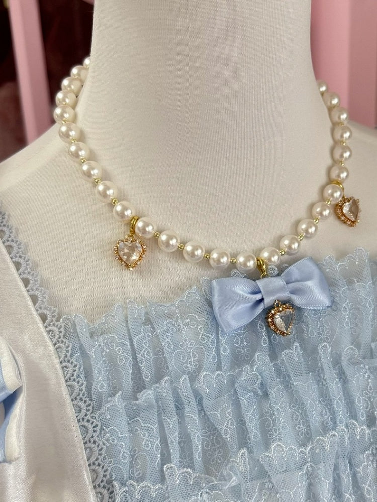 Blue/Gray Beaded Rhinestone And Necklace Heart Bowknot Pendant