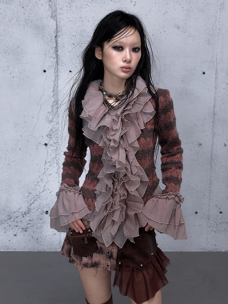 Cascading Trim Bell Top Flounced Ruffle - Cuffs Pink Dusty Striped Sleeve