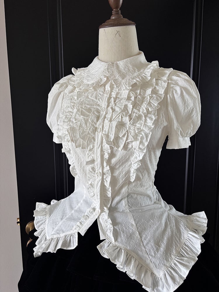 Trim Puff-Sleeve Collar White Blouse Ruffle
