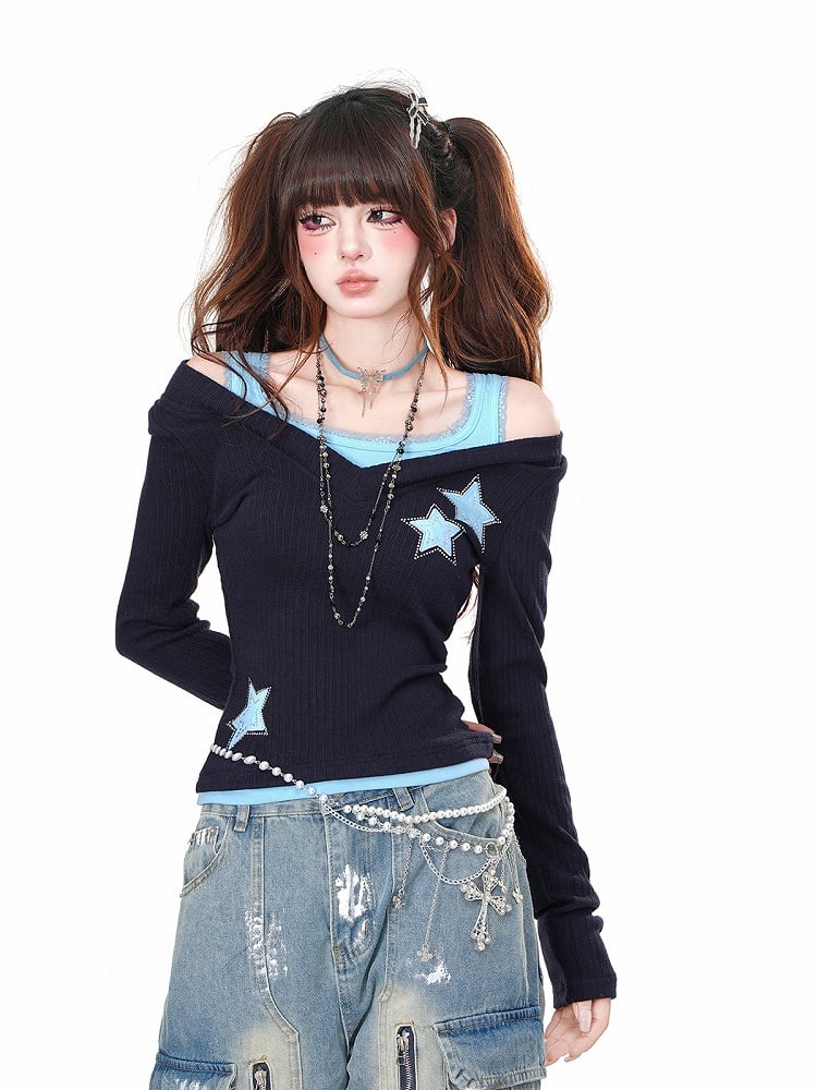 Black Blue/Black Red Rhinestone Star Glamorous Top
