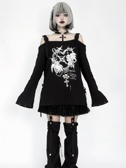 Studded Print Angel with Top Off-Shoulder Black Sleeves