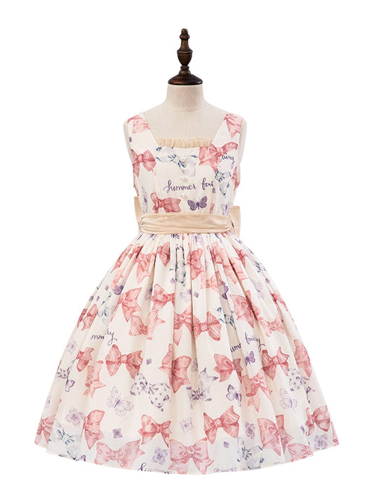 Sweet Bowknots Print Pink High Waist Retao Lolita Dress