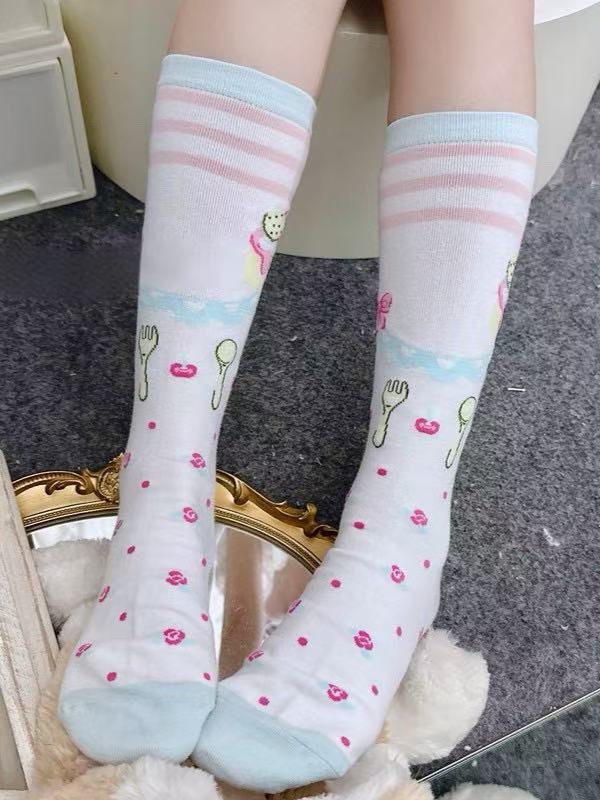 Stockins Cake Pattern Fork Underknee White Pink Beige With and