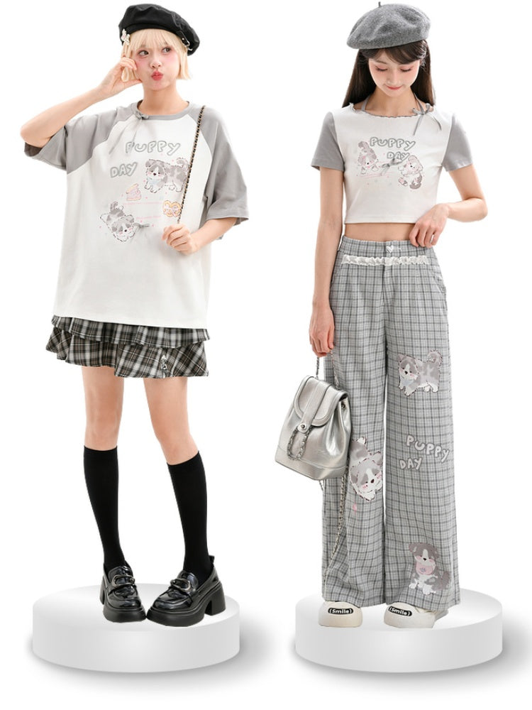 Gray Adorable Puppy Print Bowknot Long/Short Detail Version T-Shirt