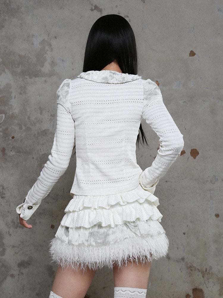 Punk with Fur White A-Line Trim Elastic Waist Tiered Skirt Faux