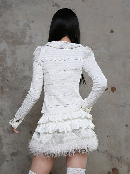 Punk with Fur White A-Line Trim Elastic Waist Tiered Skirt Faux
