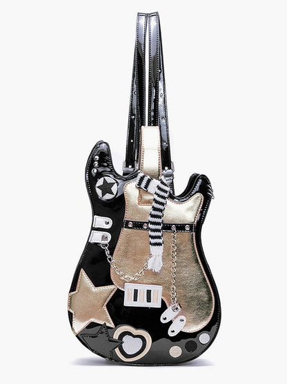 Design Black Embroidered Sweetheart Guitar-shaped Bag Star Gold