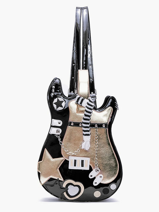 Design Black Embroidered Sweetheart Guitar-shaped Bag Star Gold
