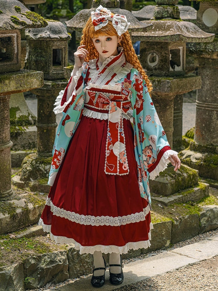 Wa Print + Bear Top Crossover Lace Dress Design Lolita Set Blue JSK Trimmed Red