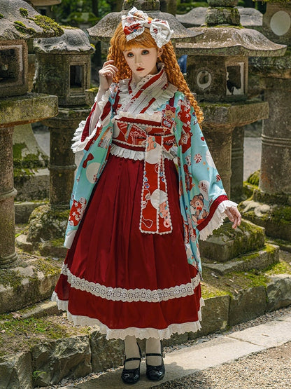 Wa Print + Bear Top Crossover Lace Dress Design Lolita Set Blue JSK Trimmed Red